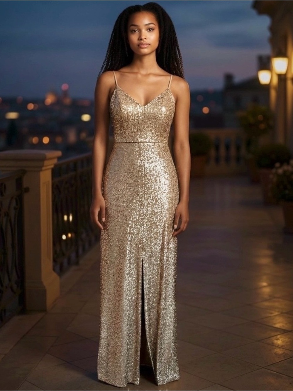 EUC Amsale Gold Maxi Dress ~ Sequined Tulle & Front Slit ~ Evening Formal ~ 12